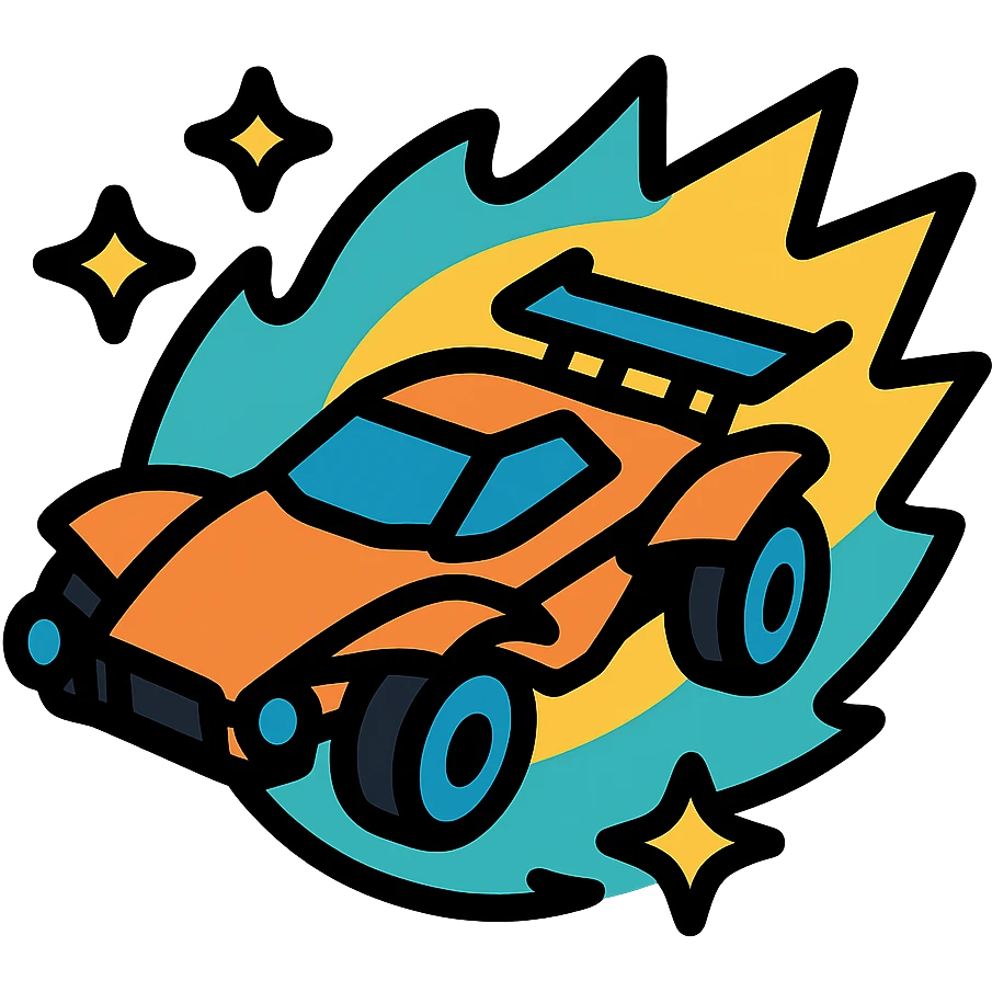 Super Sonic Legend inspired by Rocket League, futuristic car breaking sound barrier, surrounded by stars and glowing aura, bold graphic style emoji