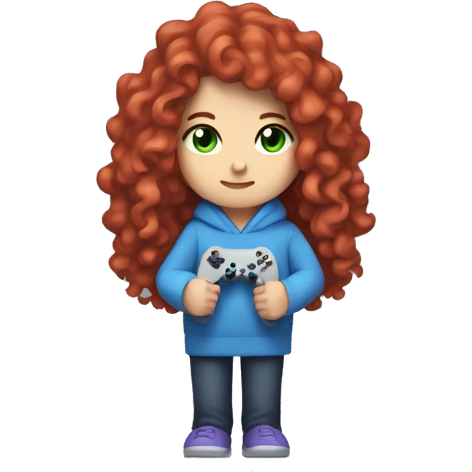 a white girl with long red curly hair, wearing periwinkle Minecraft hoodie holding a controller emoji