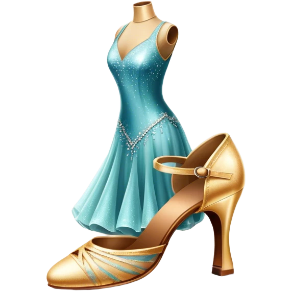 Humanless Icon for Ballroom Dance: elegant ballroom dance shoes, a sparkling dress, and a dance floor with a spotlight. The icon should capture the grace and elegance of ballroom dancing, with emphasis on movement and rhythm. Transparent background. emoji