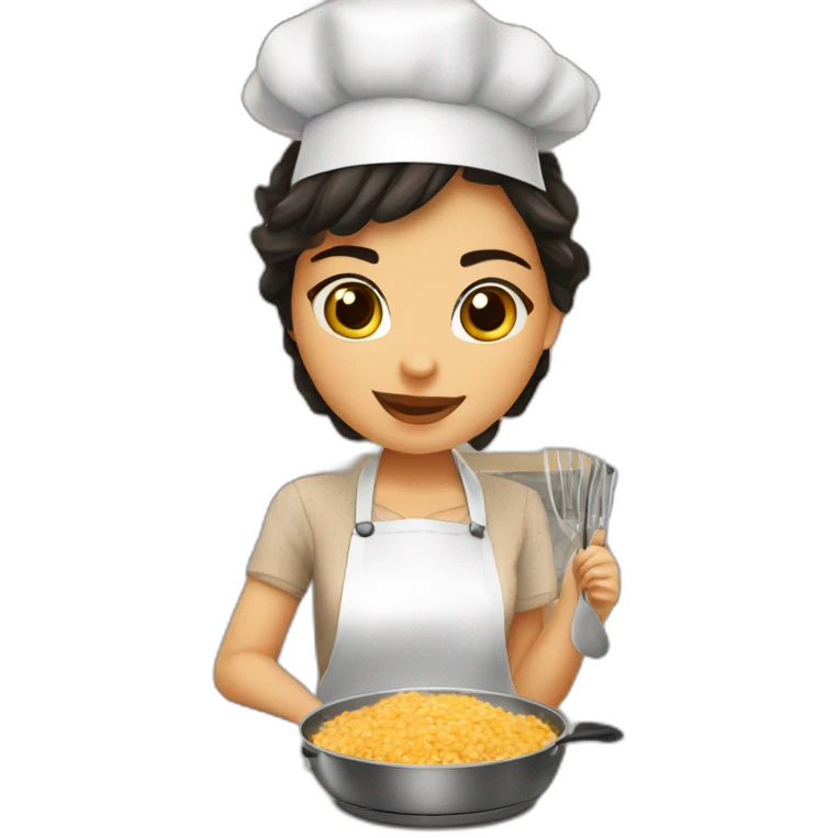 petite girl dark hair cooking risotto with norwich terrier emoji