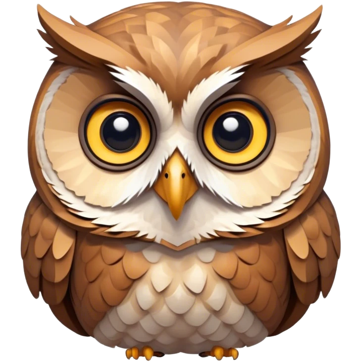 Búho Sabio y Sereno Low-poly o semi-realista con texturas suaves.Un búho de aspecto amigable, con ojos grandes y expresivos que transmiten calma y confianza. emoji
