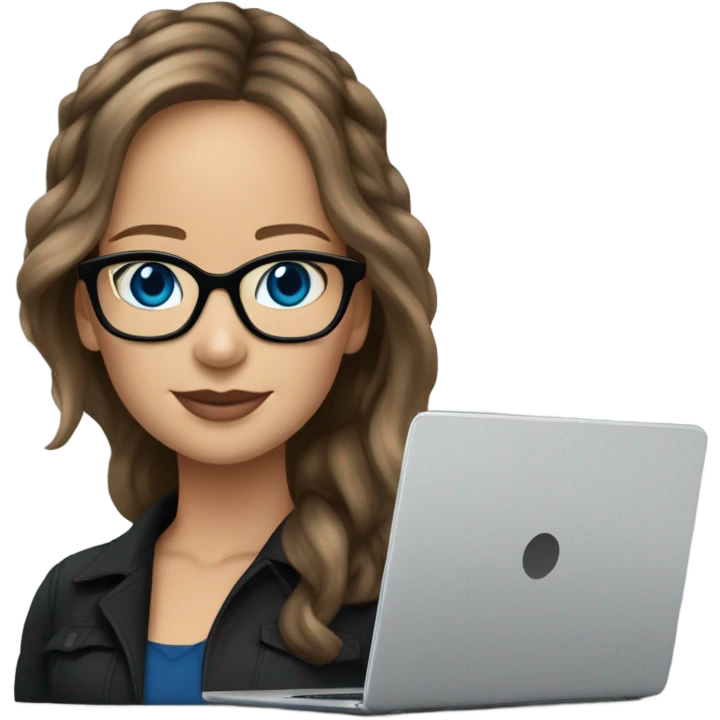 Realistic Photo of Brunette Jennifer Lawrence wearing black glasses and blue eyes  on a laptop  emoji