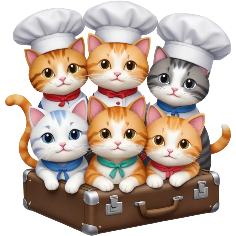 six cats, four wearing chef hats, two wearing aprons, hugging a cat with a suitcase, top-down view emoji