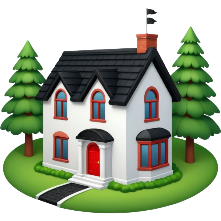 Dom z czarnym dachem i biała elewacja ze wstawkami z czerwonej cegły.Na drugim planie las. emoji