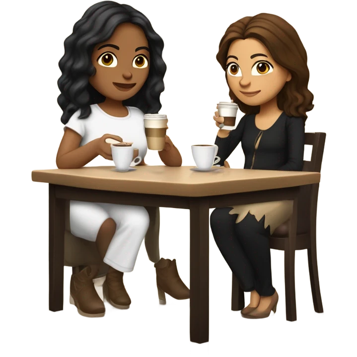 puerto rican woman light skin with shoulder-length, wavy, brown hair drinking latte with Italian Roman woman with black, straight hair drinking espresso at table emoji