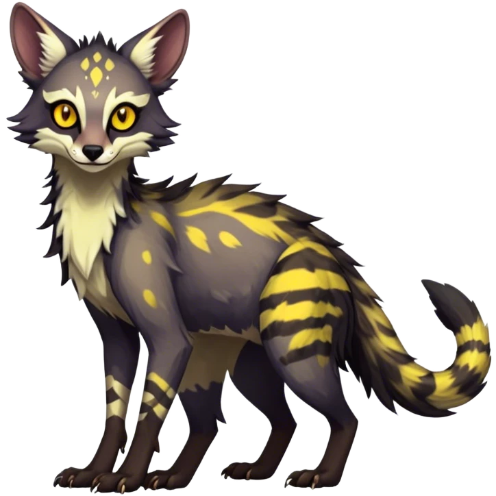 Feral Rare Fantasy dark colorful Vernid-Sergal-Genet-Trico-species by LiLaiRa, random markings, tufted tail, tufted ears, full body emoji