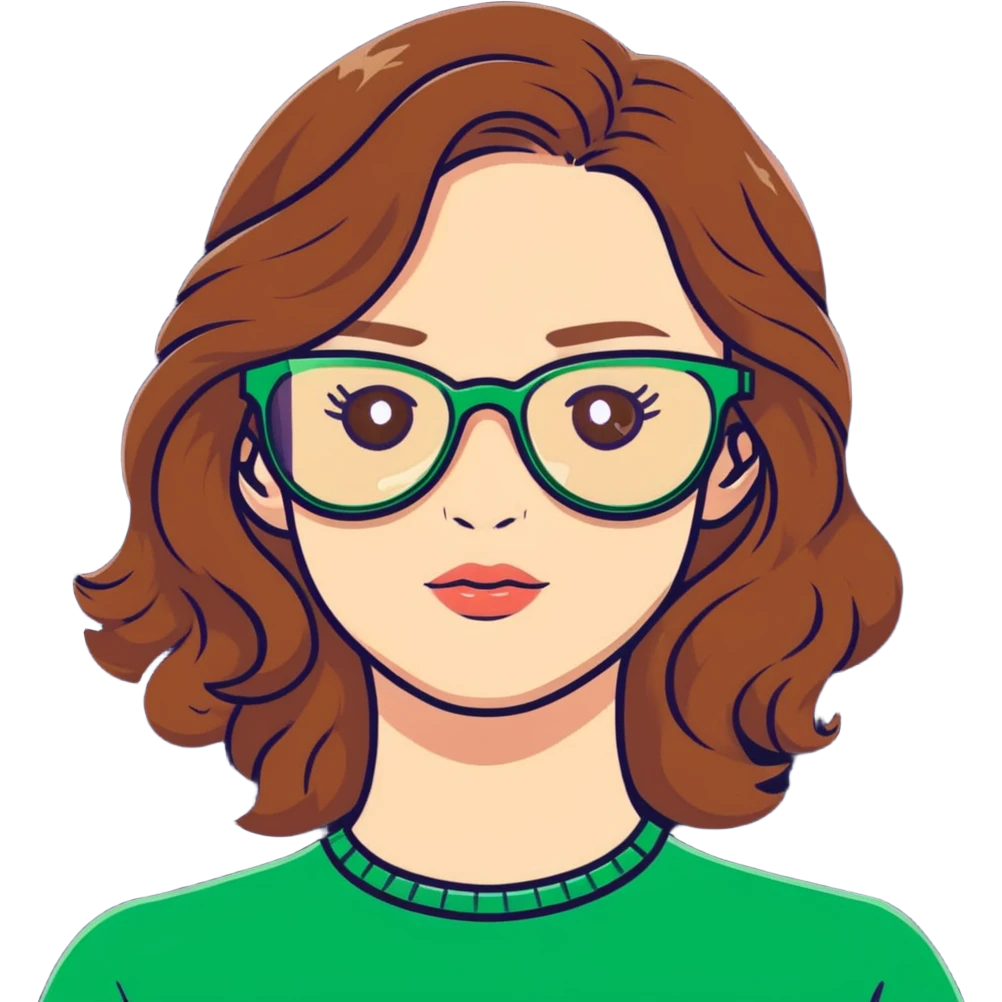 woman with pale skin, brown wavy hair, green eyes, gold glasses emoji
