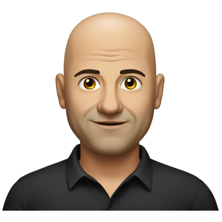 A slightly overweight middle-aged Italian man with olive-toned skin with bald hair and no facial hair. He is wearing a sleek black smart shirt, casually unbuttoned at the top. emoji
