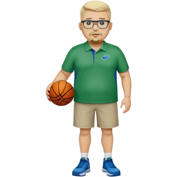 Full Body white male plus size wearing glasses with a goatee with light blonde and gray very short hair mad basketball head Coach in blue and green wearing Nike polo emoji