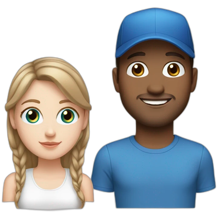 white girl brown hair blue eyes with white guy blue eyes on black cap emoji