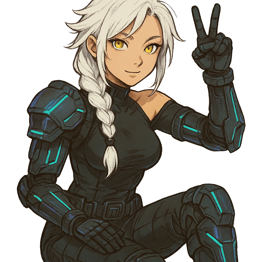  she is wearing armor, maximum power , except instead she's giving a victory salute, a closeup portrait of young woman with gold yellow eyes, white hair, long braid, black off-shoulder top d-cup, punk gothic style, futuristic cyberwave cyberpunk, sitting position
 emoji