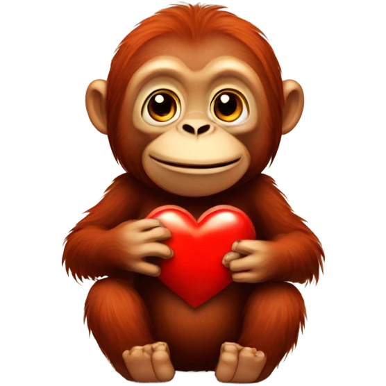 Cute orangutan holding red heart emoji