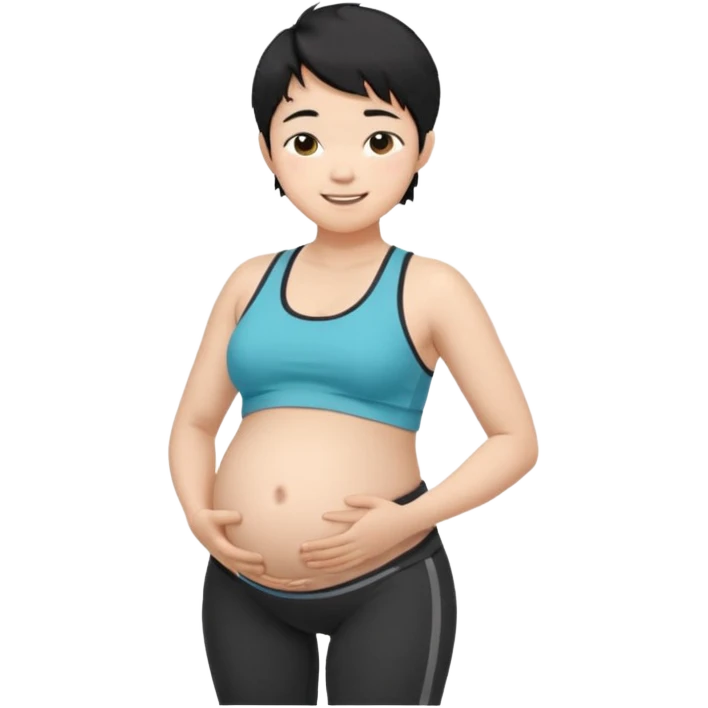pregnant asian boy with short messy black hair wearing a sports bra with leggings holding his belly emoji