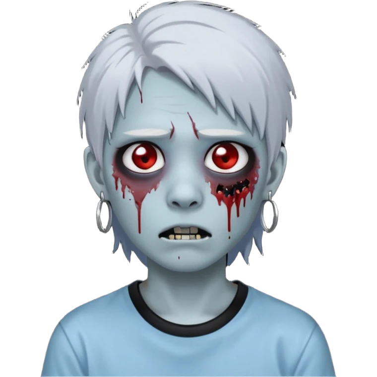 Create a 3D emoji-style avatar with very pale blue-grey zombie skin like the reference image, a young Asian face, and large eyes with blood tears. Give it white mullet-style hair, silver hoop earrings, and a simple black T-shirt. The expression should be neutral or slightly angry emoji