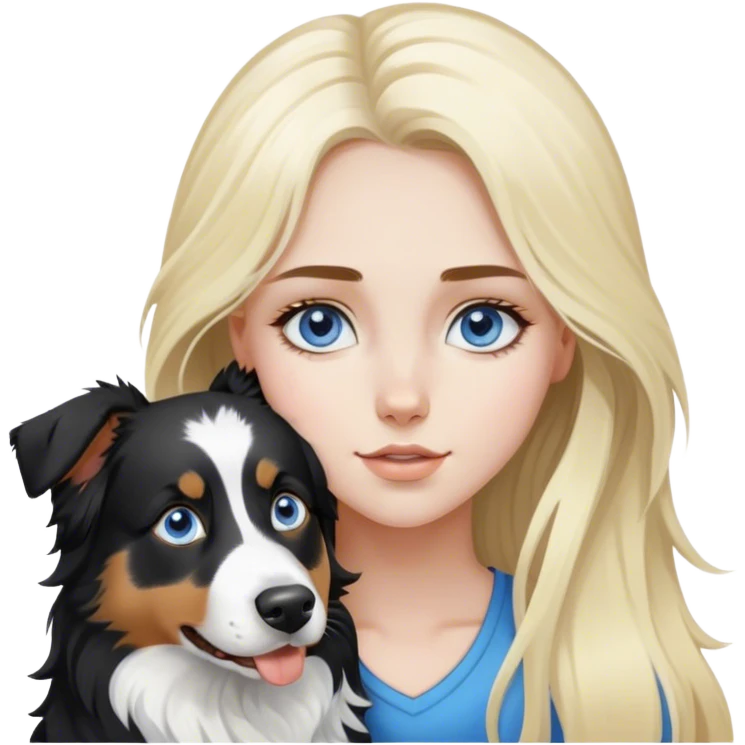 pale girl with blue eyes and long blonde hair and black white Australian shepherd. emoji