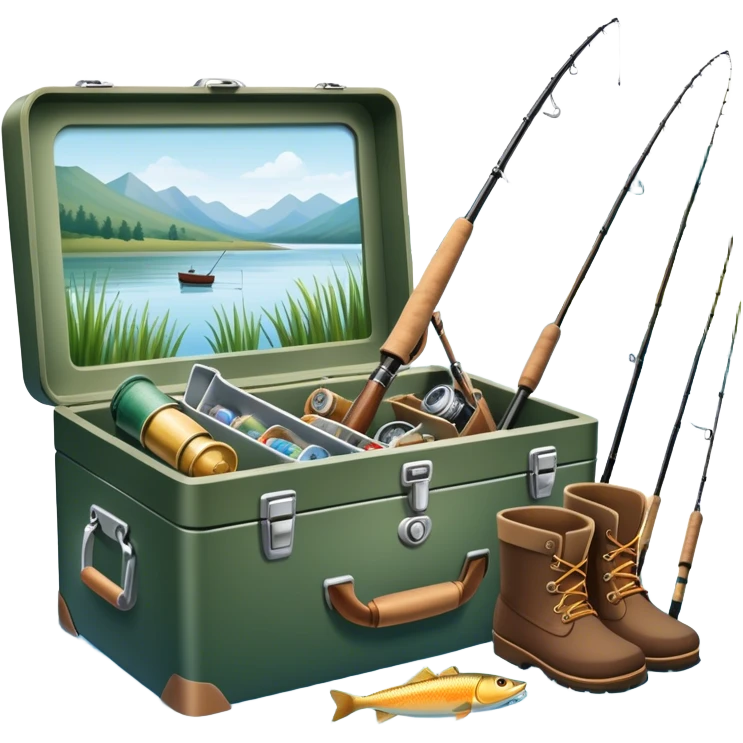 Icon for Fishing: a fishing tackle box, a spinning rods, boots, and a boat by a water body with a beautiful nature backdrop. The icon should evoke the peaceful and adventurous spirit of fishing. Transparent background. emoji