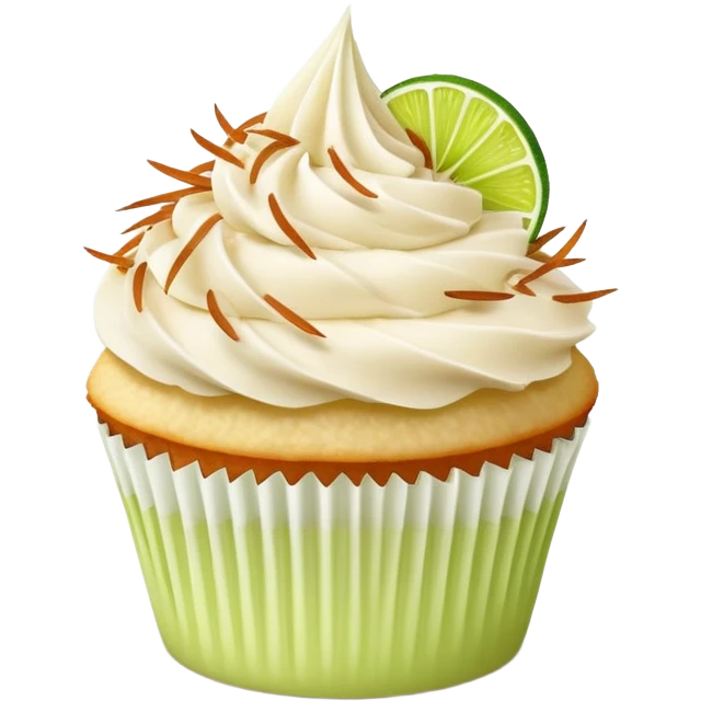 Vanilla cupcake with vanilla frosting with shredded toasted coconut on top and lime emoji