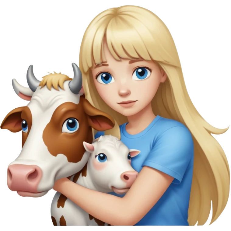 Woman whit hair long and blonde bangs in front, blue eyes, white t shirt hugging a cow emoji
