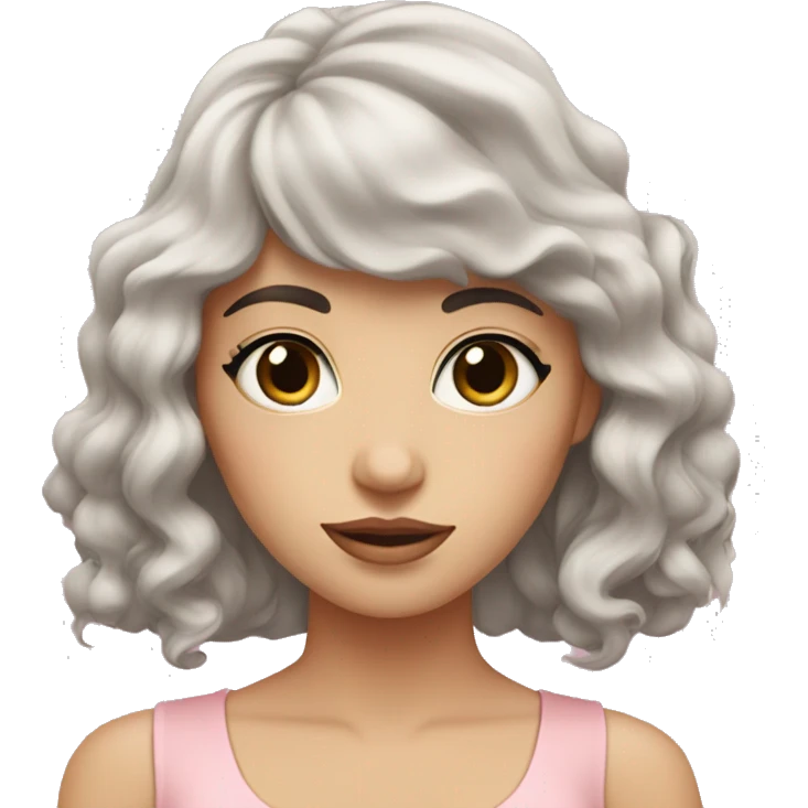 White woman with long black curly hair and bangs and dark brown eyes, wearing a pastel pink dress emoji