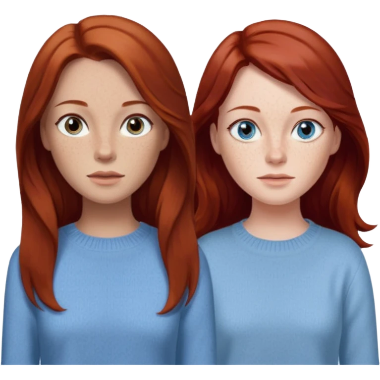 woman with long dark auburn red hair that is mostly straight but has slight waves to it. grey blue eyes. some freckles. wearing a Swedish style sweater that is neutral. the image on the right is closer emoji