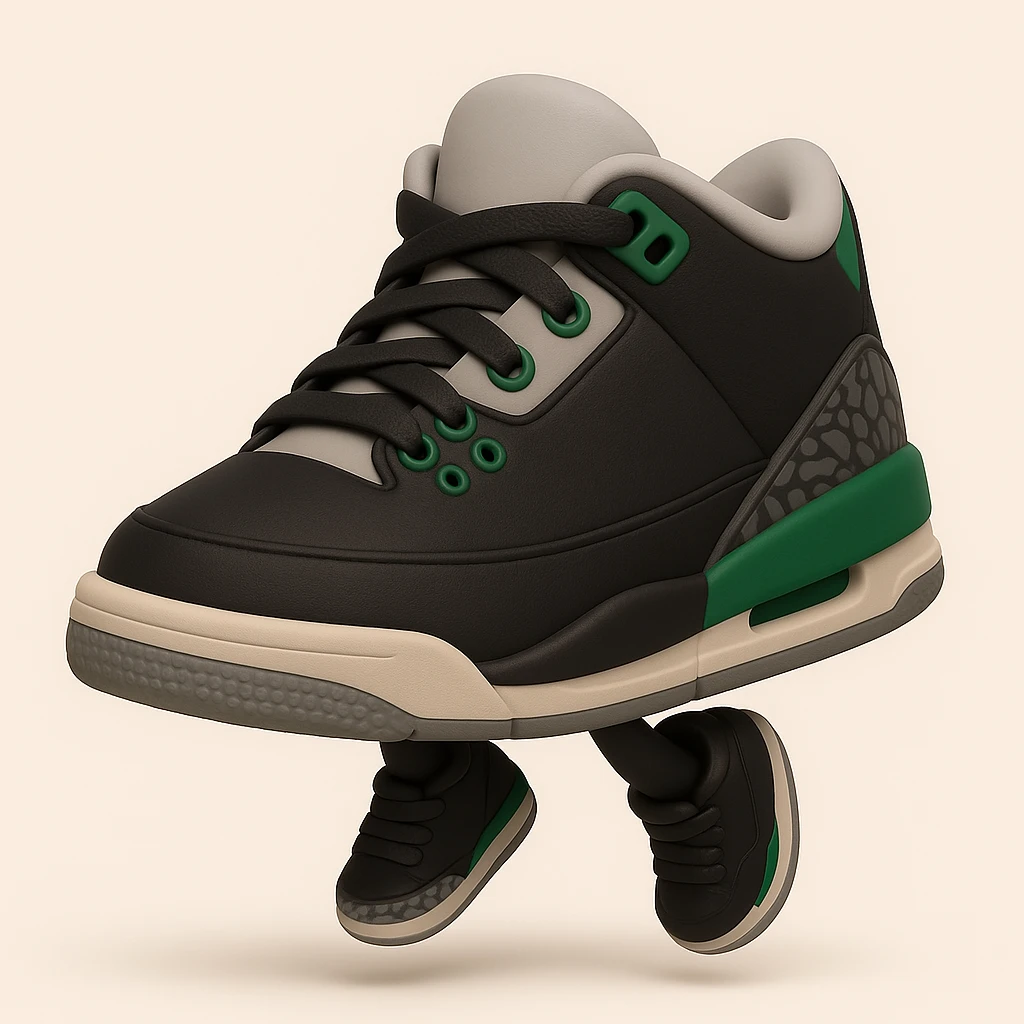 Edit the sneaker character in the style of 3D emoji (Microsoft style 3D fluent emojis) with no face, no arms, and no legs, in a jumping pose. Maintain the 3D emoji look and feel. emoji