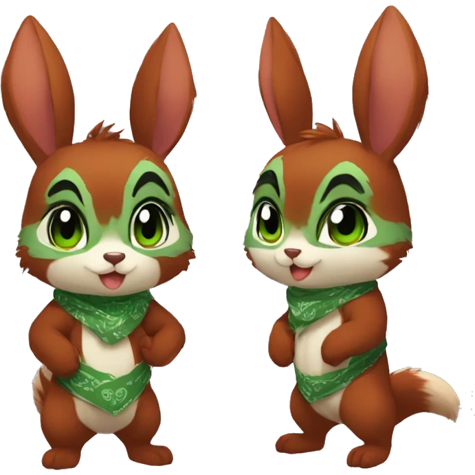 Cute, Chibi, chubby, fluffy, Kemono-style, Anthro, Fur-Sona, Dark-Red, Squirrel-Rabbit-hybrid-Fakémon, with a green bandana, full body emoji