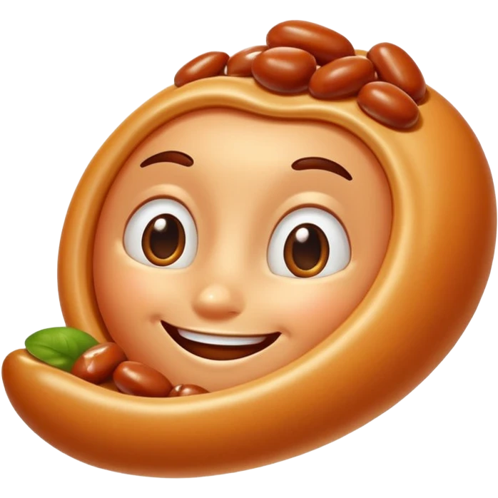 Create a baked bean that is flying with a face on it emoji