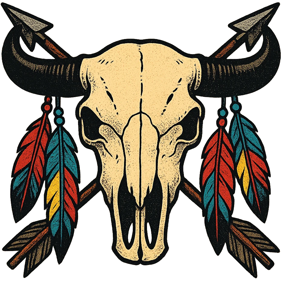 A native American buffalo skull with colourful feathers hanging from both horns and two crossed arrows in the background. Make the skull symmetrical facing the front emoji