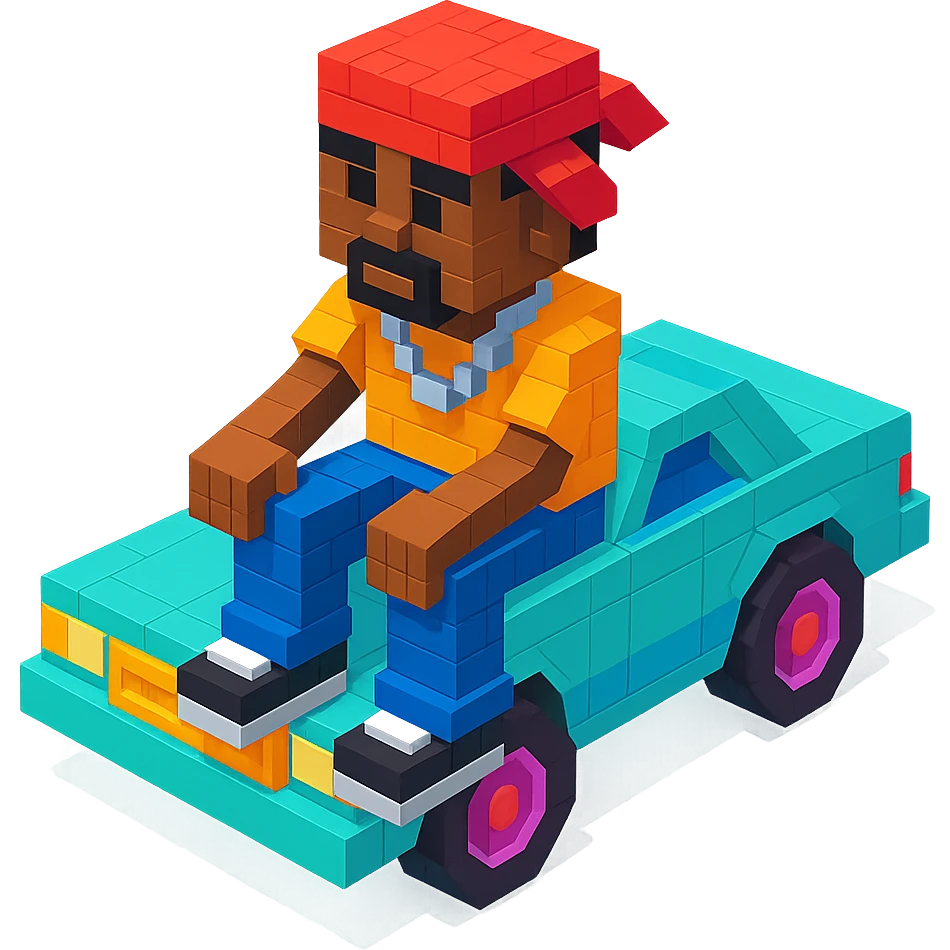 rapper inspired by 2Pac, sitting on a lowrider car, bandana and hip-hop clothing, isometric view emoji