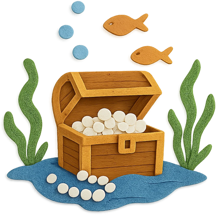 treasure chest underwater with pearls, seaweed, and fish, layered paper effect, paper-craft style emoji