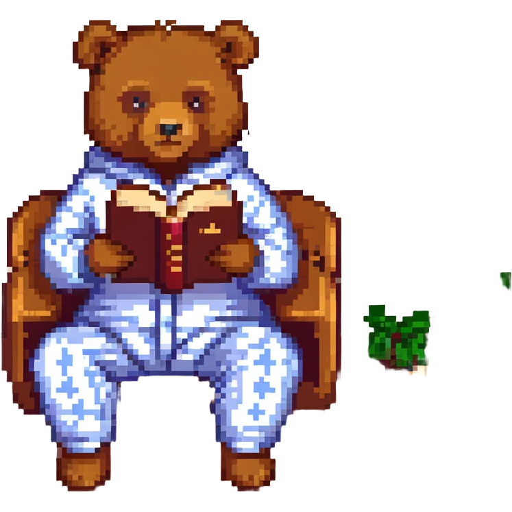 A bear in pajamas, sitting and reading a book emoji