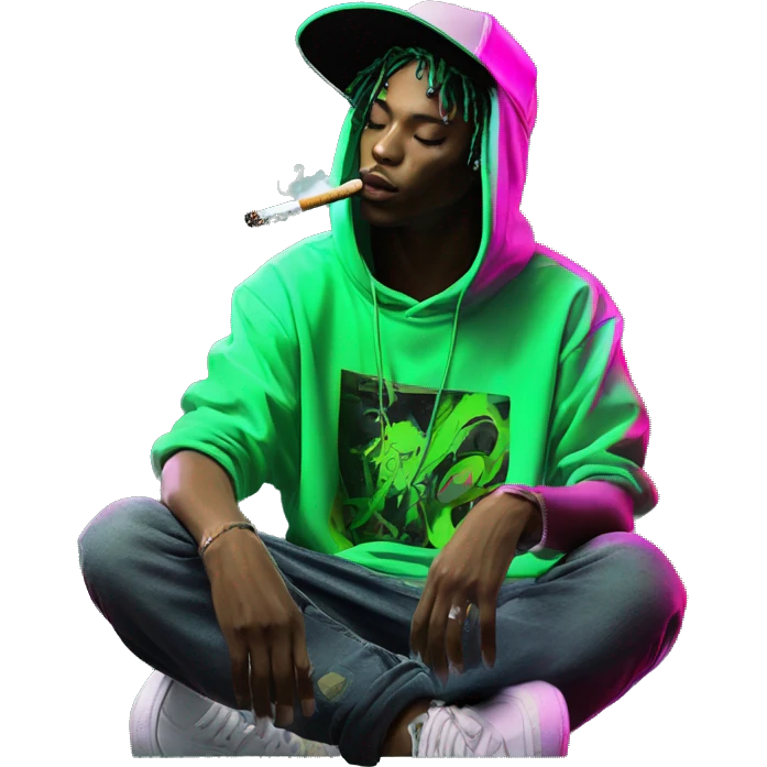Multicoloured neon black and green graffiti person smoking wearing hoodie dancing hip hop bucket hat tropical Skater fashion aesthetic baggy clothes graphic t shirt 420 emoji