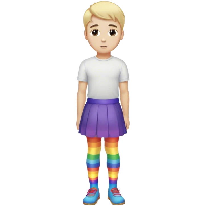 White boy with blonde hair wearing a skirt with rainbow tight  emoji