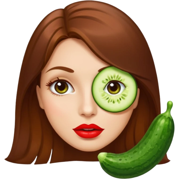 brownhaired woman with red lips and cucumber on eyes emoji