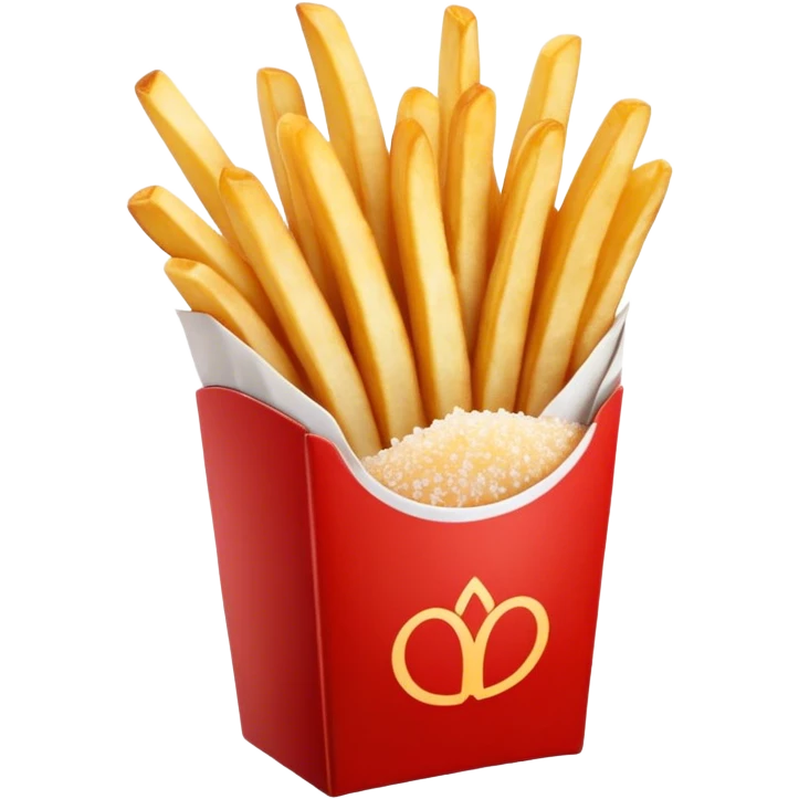 Cinematic crispy golden French fries, piled high, sprinkled with salt, served in a red carton, warm and inviting, rich golden hues, perfectly crunchy and delicious. emoji