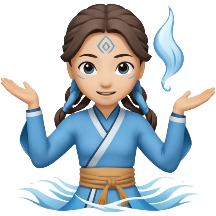 Katara from Avatar: The Last Airbender as an emoji, cheerful, blue and white Water Tribe attire, waterbending gesture emoji