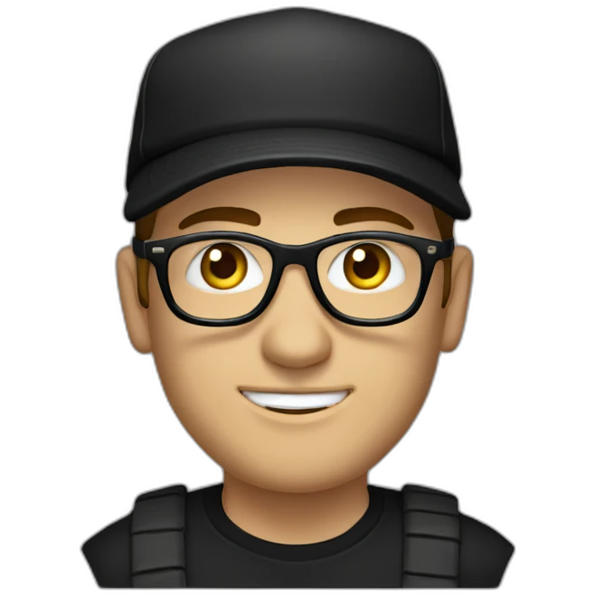Caucasian man, with a black cap, glasses, and black t-shirt with a drum emoji