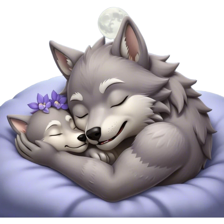 Meme-Worthy Cute Sleeping Werewolf Portrait Emoji, with a cuddly, miniature lupine form in soft moonlit grays and silvers, head resting peacefully with gently closed dreamy eyes and a small, content smile, simplified yet irresistibly endearing, highly detailed with a soft glowing outline that captures the cozy, sleepy essence of a werewolf after frolicking under the full moon! emoji