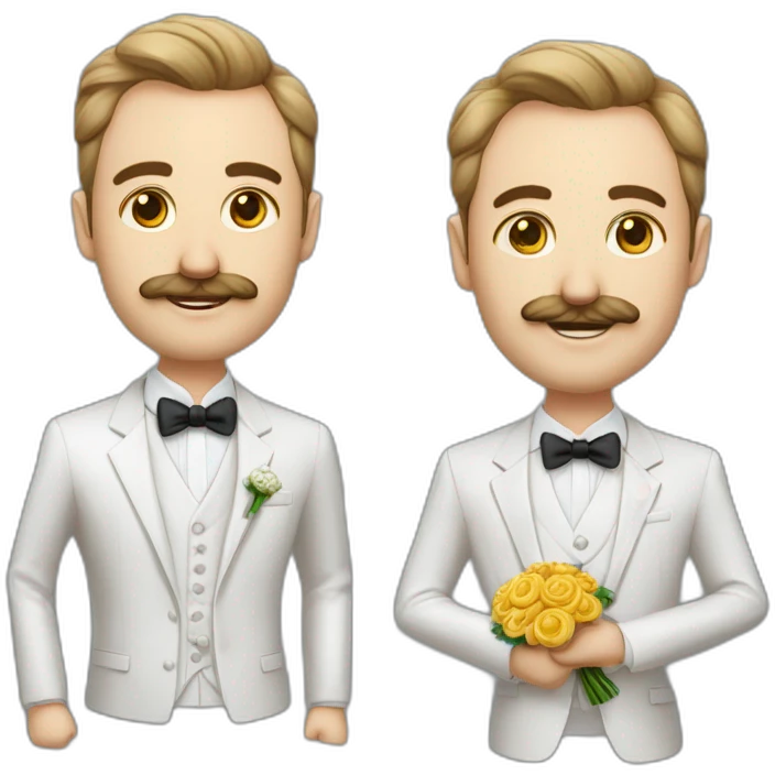 Homme en tenue de mariage avec les cheveux boucle avec un gros volume en costume blanc avec une moustache légère emoji