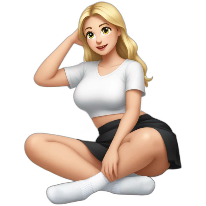 Front view full body curvy caucasian beauty sits on the floor straight hands up black skirt white knickers white socks emoji