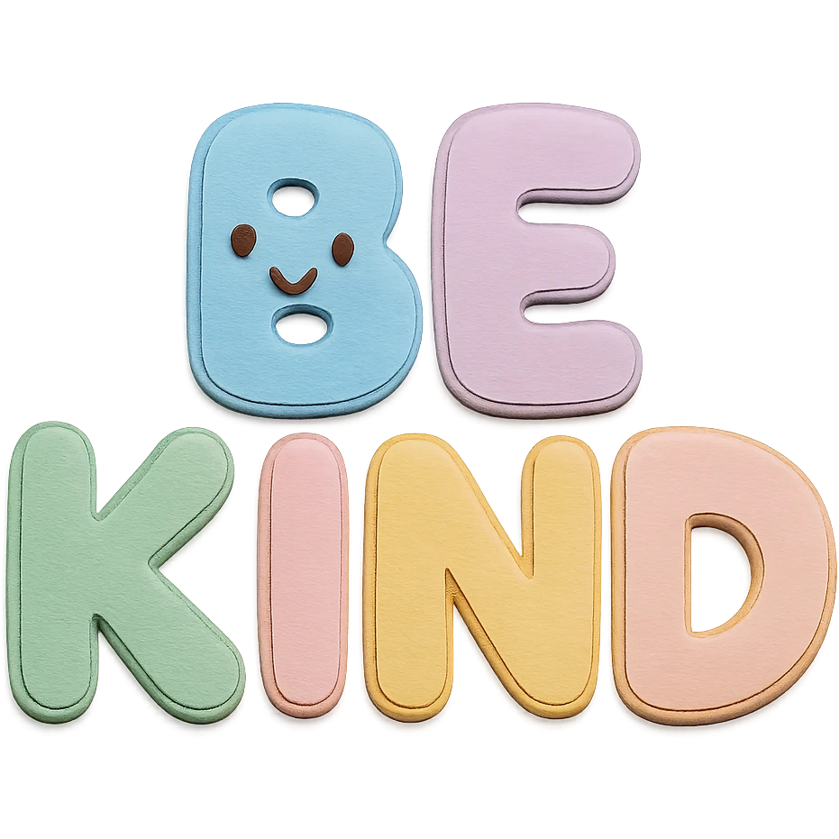 Soft pastel rainbow puffy bubble letters for "Be Kind", kawaii cute style, transparent background, no frame emoji