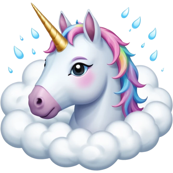 A unicorn flying through clouds, sad, cry tear from eyes, portrait, bust up emoji