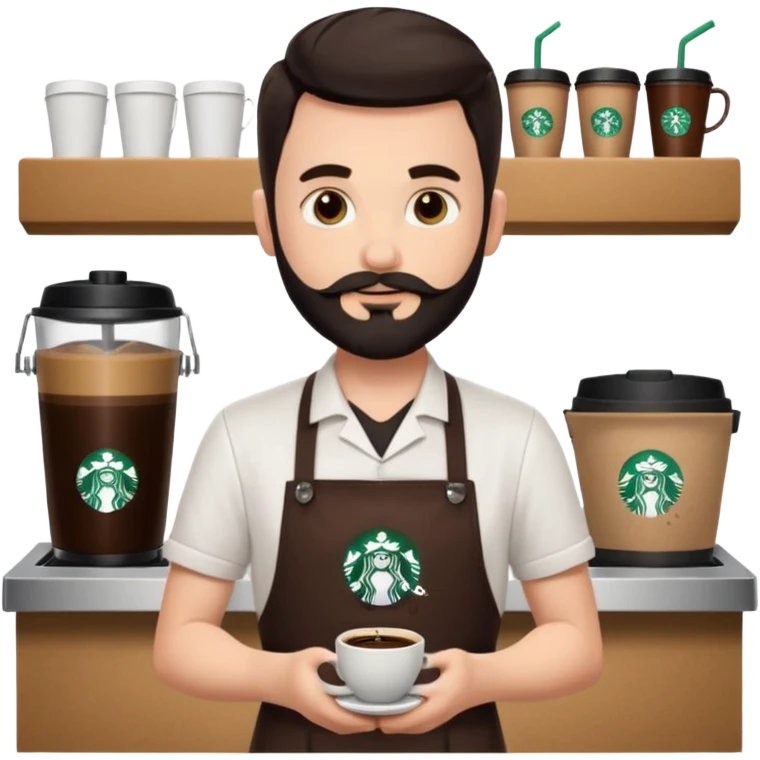 A Starbucks Barista with Black Coffee Master Apron. White Boy has trimmed Beard Black emoji