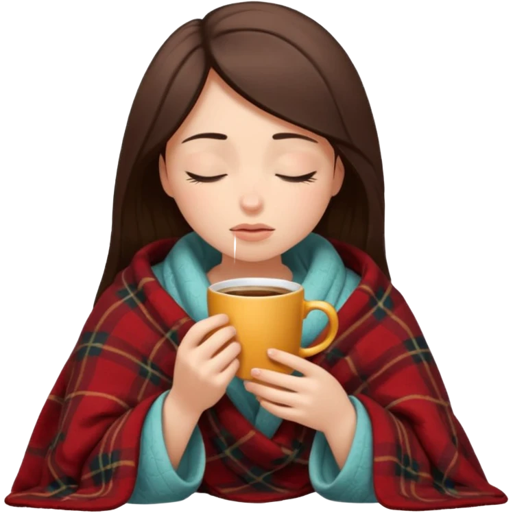 girl inside a blanket sipping coffee eyes closed, visibly distressed emoji