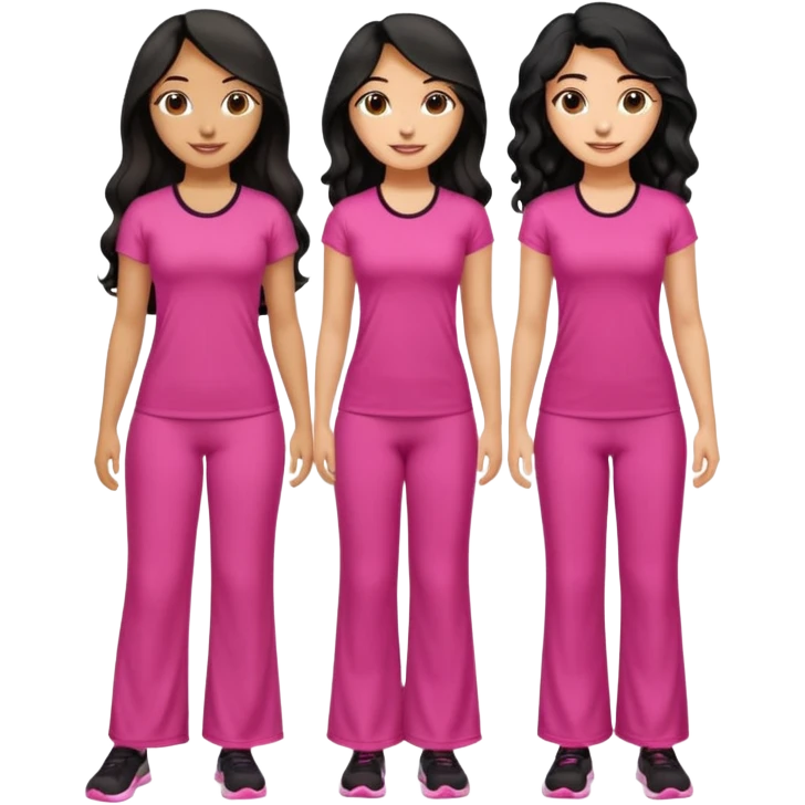 3 olive skin tone best friends. First one wearing pink gym attire modest with long black hair wavy. Second one wearing a pink fitted long maxi dress with curves long black hair and the last one wearing pink casual clothes with brown mid length hair similing looking glammed up  emoji