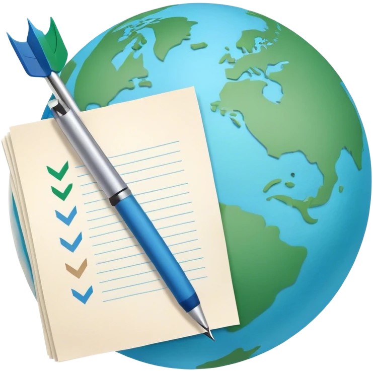 Create an emoji representing language translation. The design should feature a globe in the background, symbolizing international communication. In front of the globe, place two books or sheets of paper with texs on them and a pen nearby to indicate the act of writing. Add two simboloic arrows pointing in opposite directions between the sheets to represent the translation process. Use a clean and professional color palette with blues, greens, and neutral tones. Make the background transparent. emoji