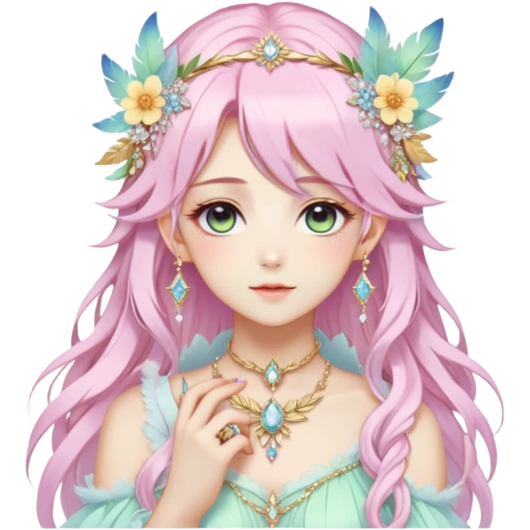 Beautiful gorgeous anime lady with beautiful pastel-special-hair, fashion aesthetic, ethereal, fairycore, pastelcore, feather, flower, crystals, accessories, gold jewelries, gold, colorful, gold laurel, gold halo, cottagecore,  emoji