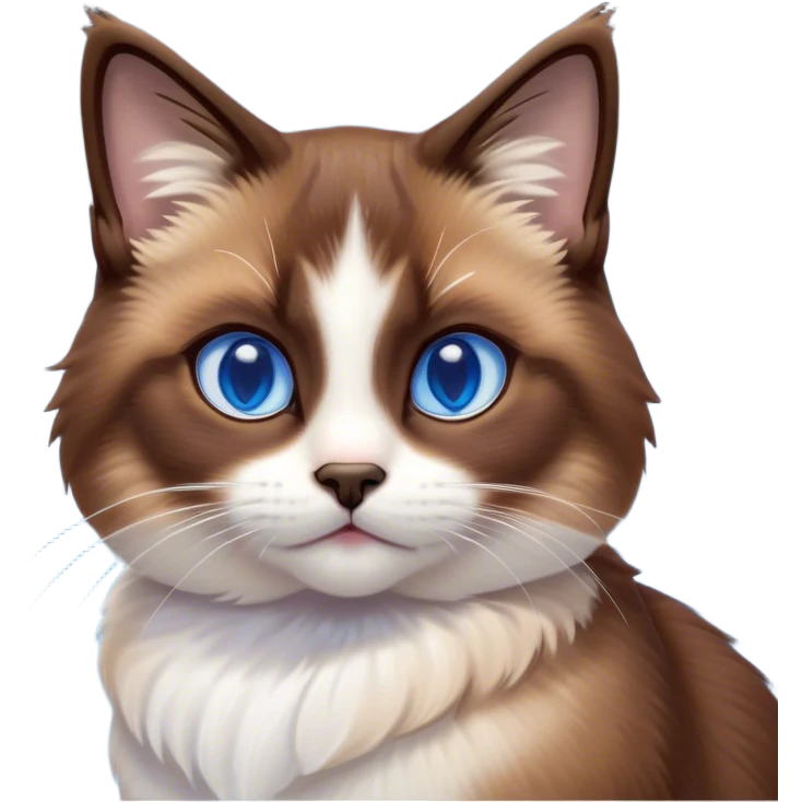 Cinematic Cute Brown Mantle Snowshoe Cat Portrait Emoji, Head tilted playfully and inquisitively, rich brown fur cascading over its back like a mantle, with soft white paws, chest, and face, striking icy-blue eyes brimming with curiosity, Simplified yet irresistibly adorable features, highly detailed, glowing with a warm, friendly glow, high shine, affectionate and lively, stylized with a touch of whimsy, bright and endearing, soft glowing outline, capturing the essence of a mischievous yet loving kitten, so playful it feels like it could pounce out of the screen and into your arms! emoji