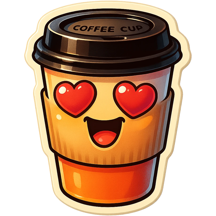 coffee cup creature, big heart eyes, big smile emoji