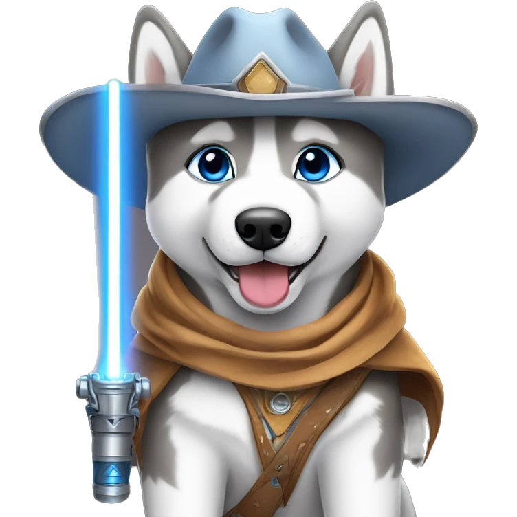 Gray Siberian Husky with blue eyes puppy wearing a cowboy hat dressed in Jedi clothing Holding a Lightsaber On leash  emoji